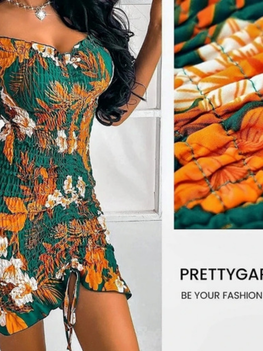 PrettyGarden Women's Summer Off Shoulder Short Sleeve Smocked Bodycon Midi Dress